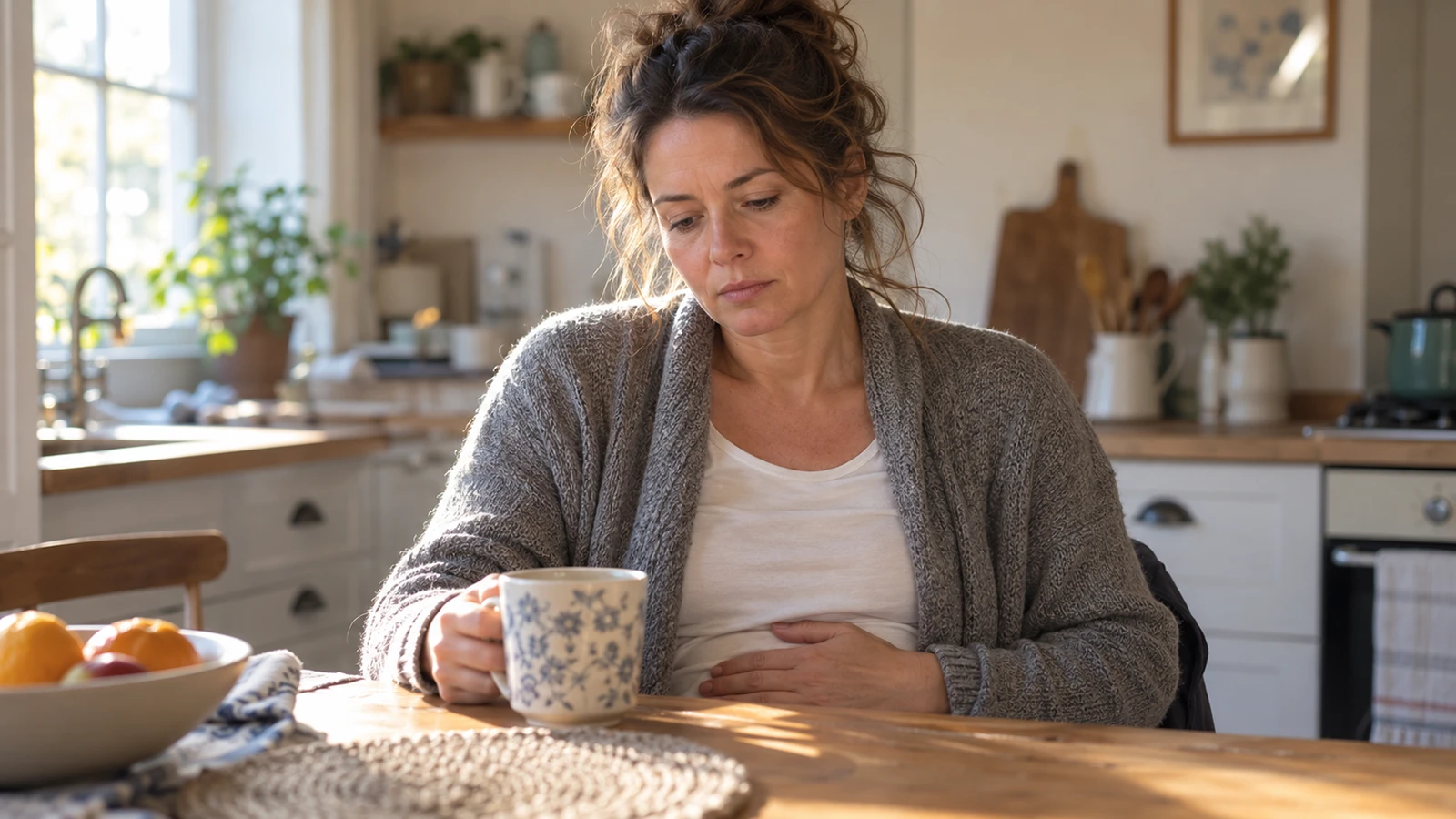 Femme à la table de sa cuisine, la main sur le ventre noué par le stress – ostéopathe à Horgues